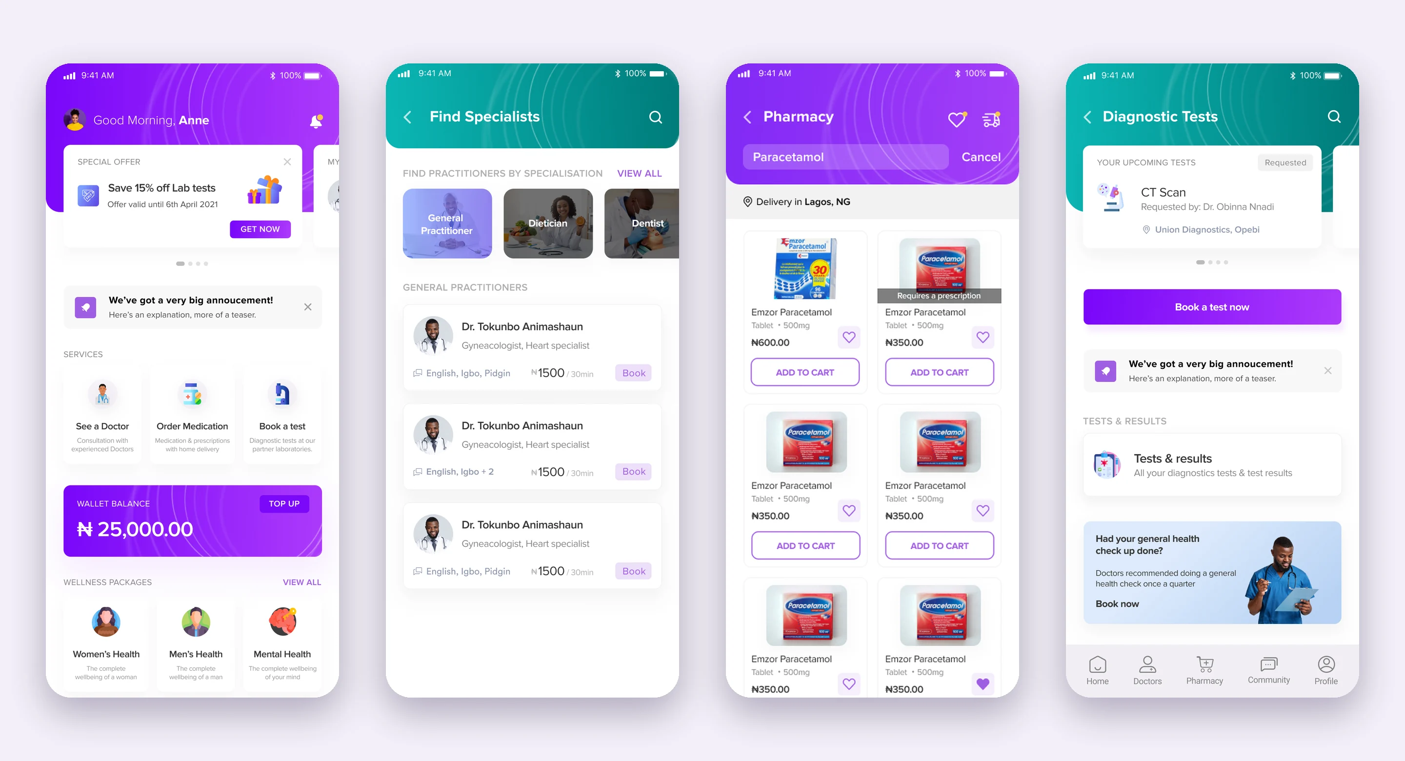 DRO Health home screen with see a doctor, order medication and book a test